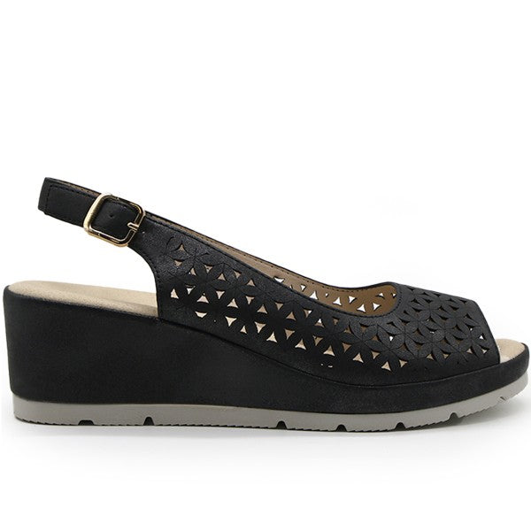 Comfit Black Floral-Cut Wedge Slingbacks