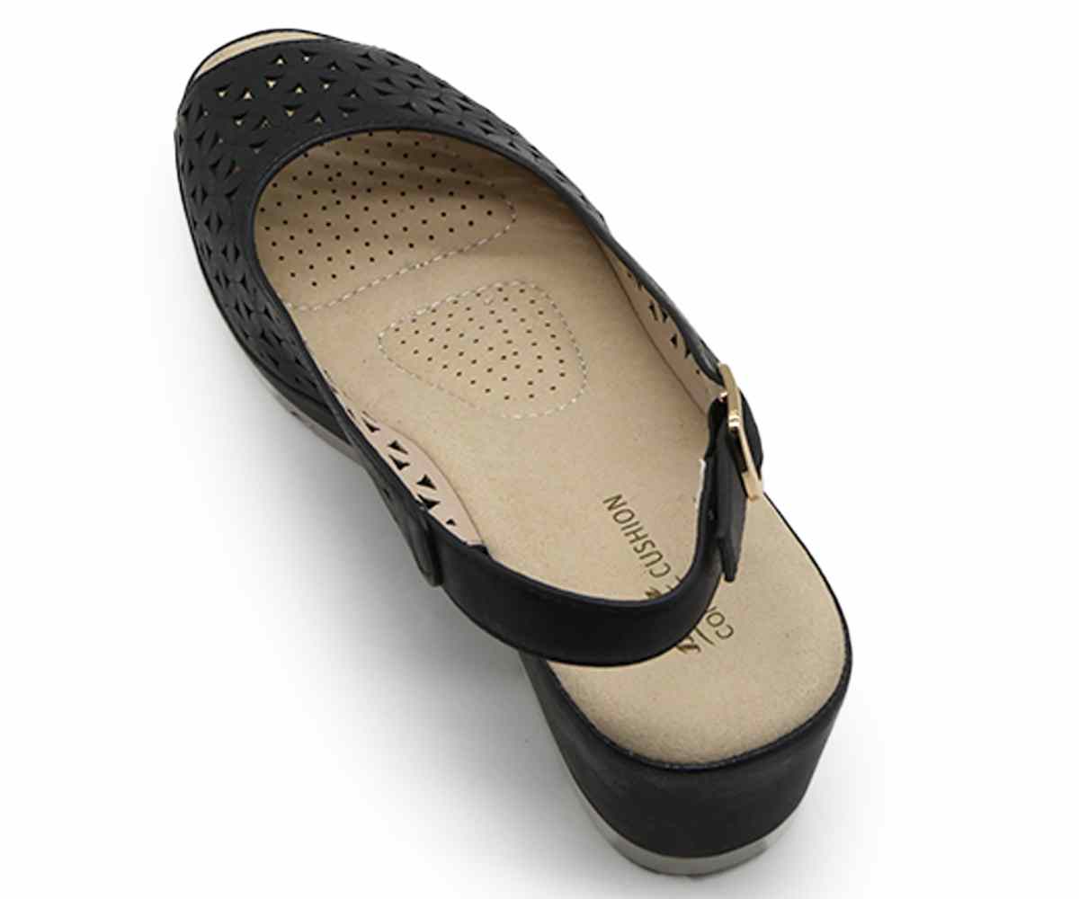 Comfit Black Floral-Cut Wedge Slingbacks