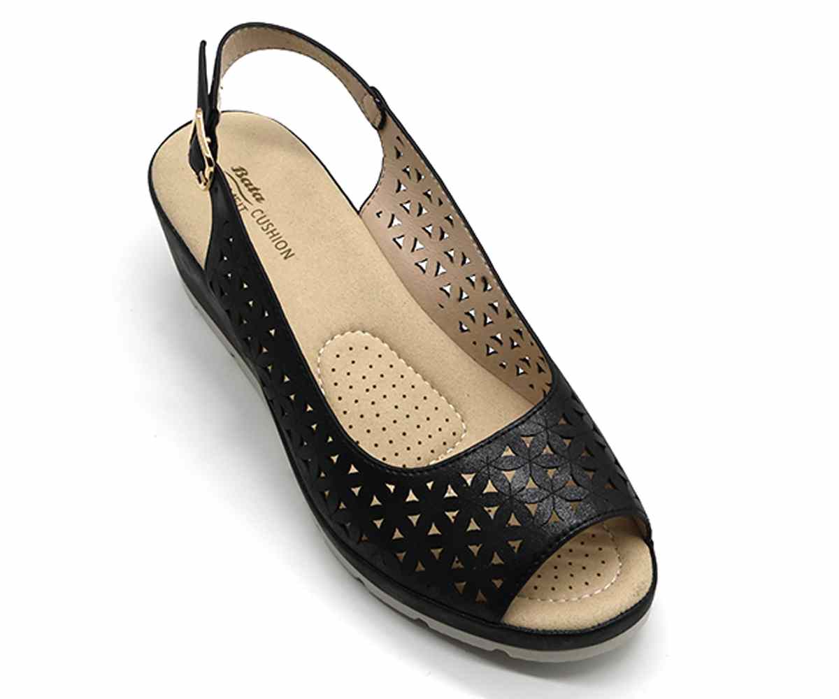 Comfit Black Floral-Cut Wedge Slingbacks