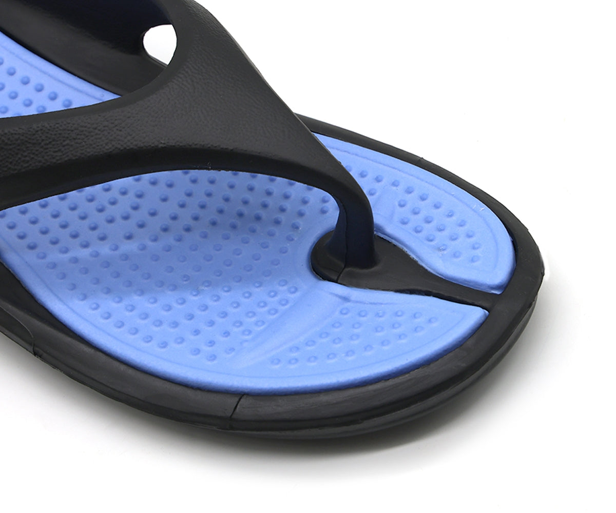black & blue flip flops