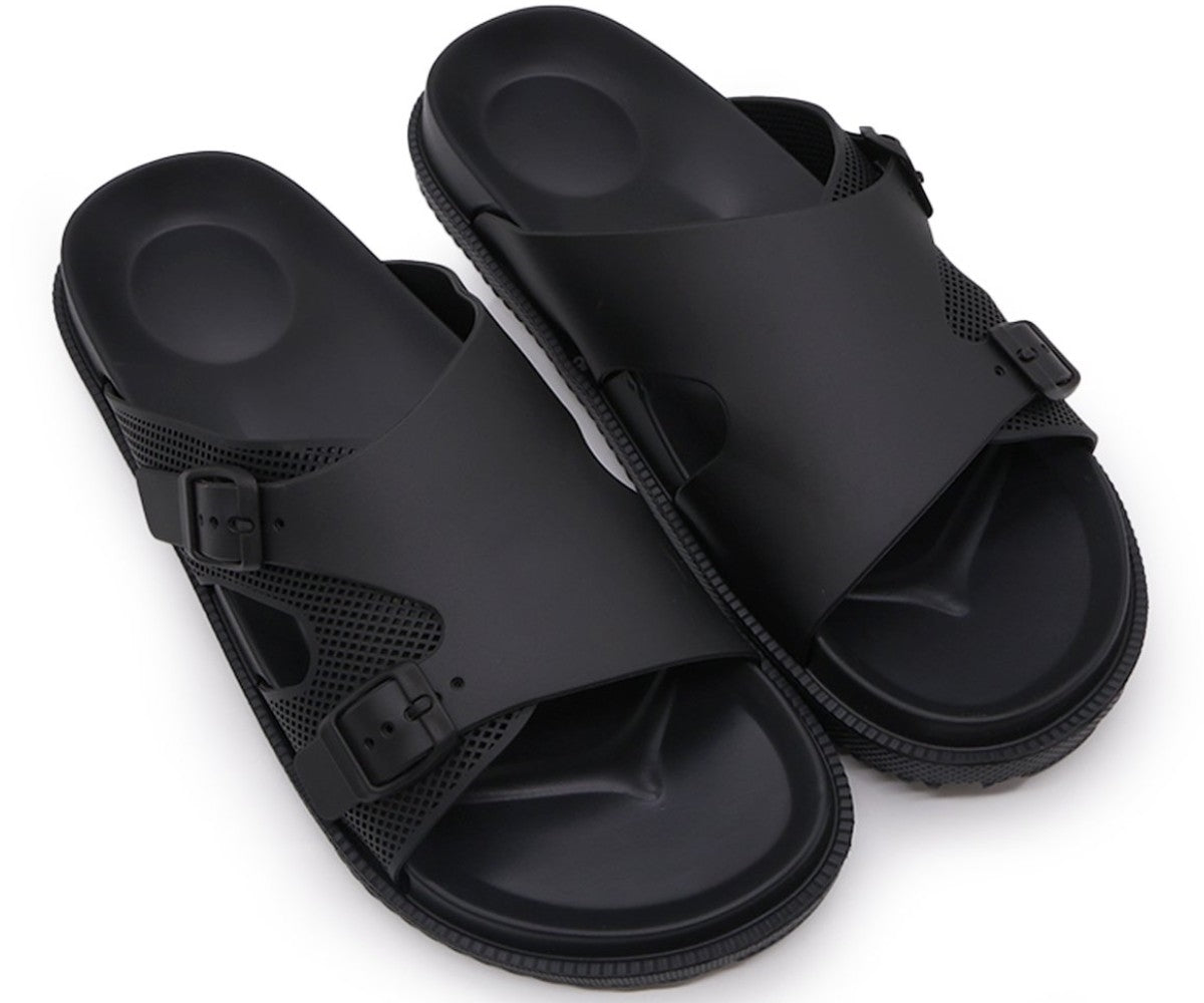 all black dbl buckle foam slides