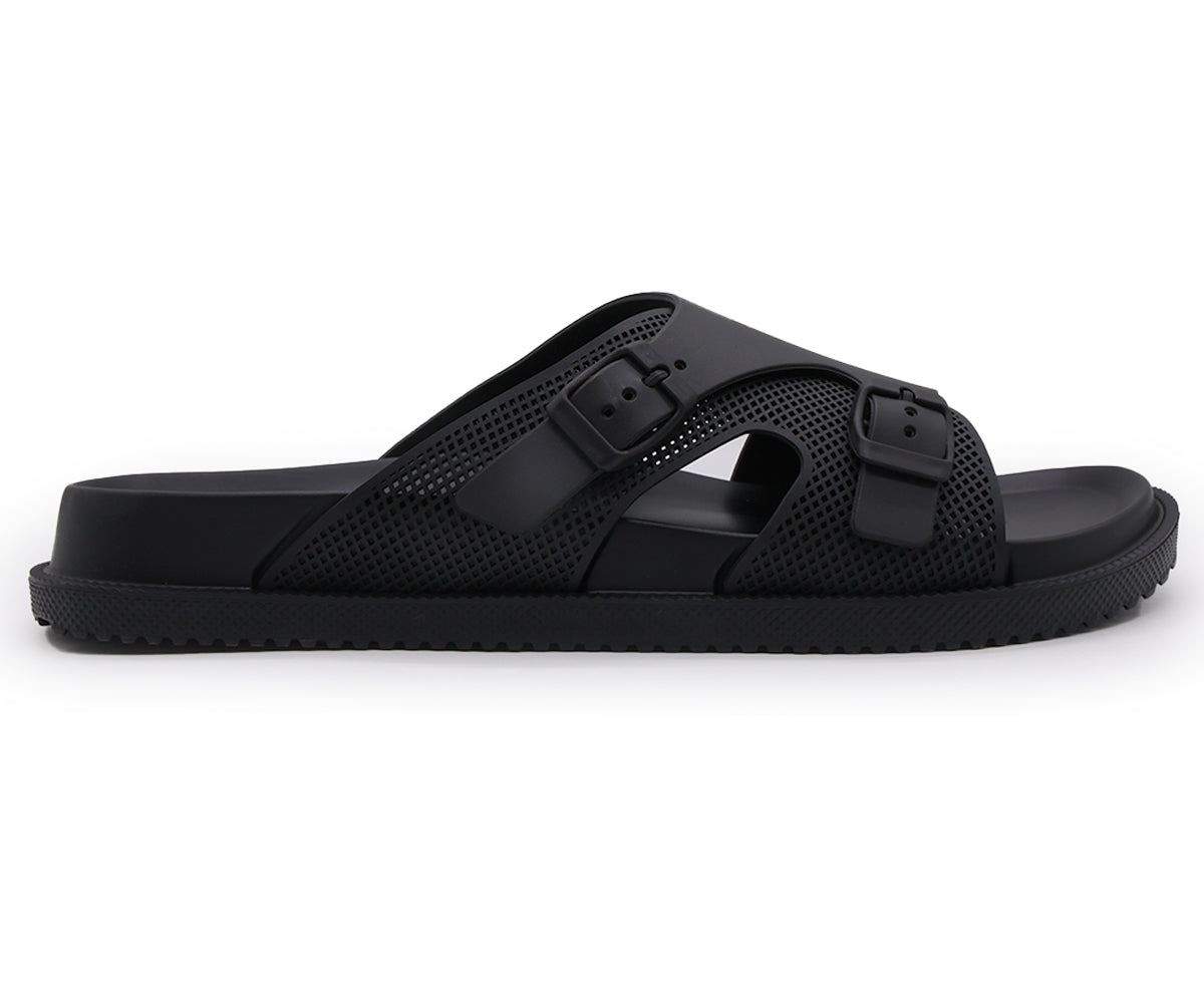 all black dbl buckle foam slides