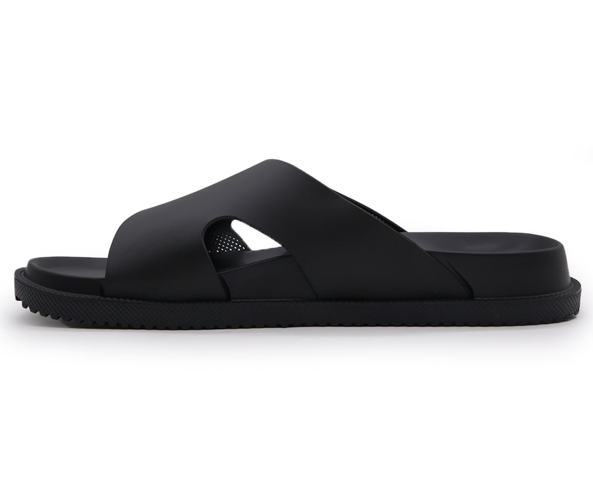 all black dbl buckle foam slides