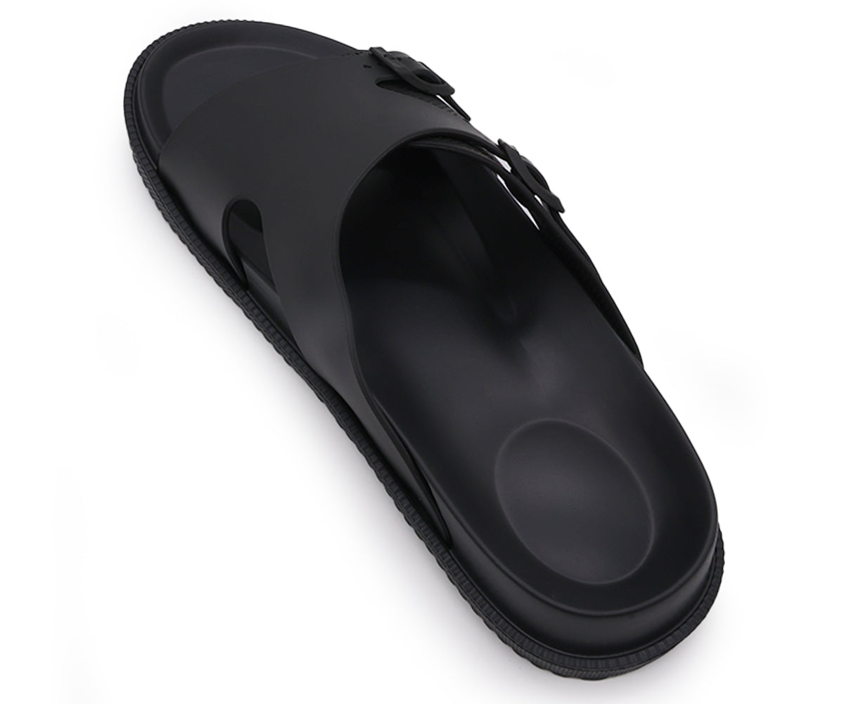 all black dbl buckle foam slides