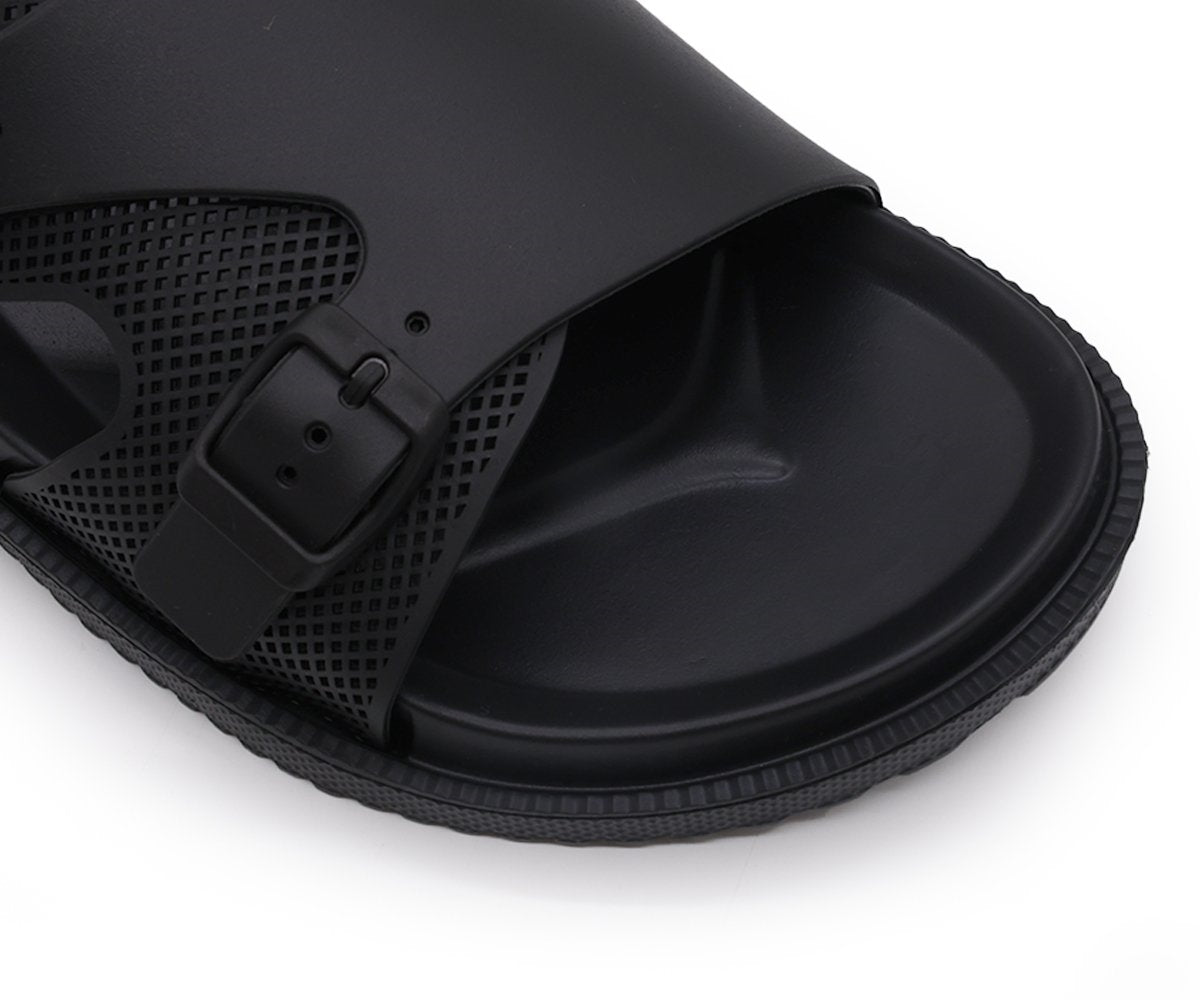 all black dbl buckle foam slides