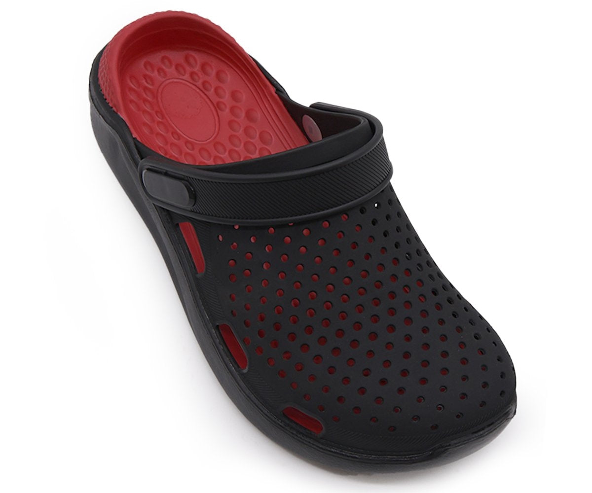 black & red foam clogs