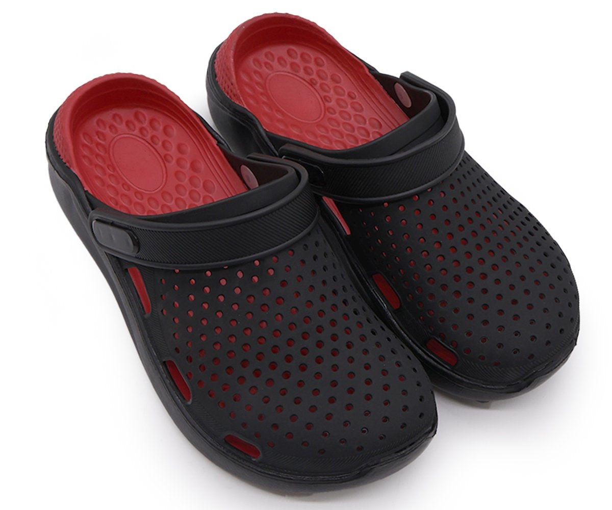 black & red foam clogs