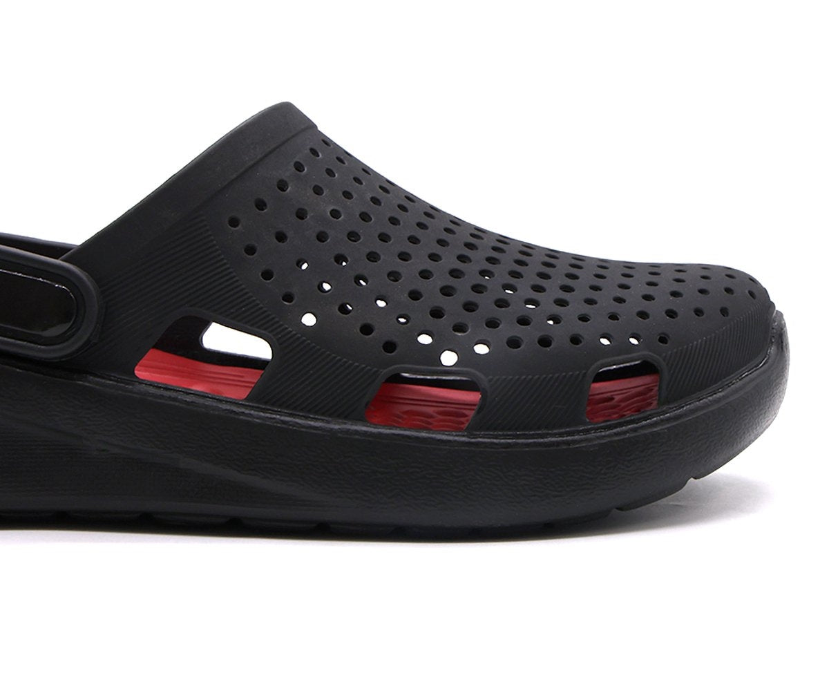 black & red foam clogs