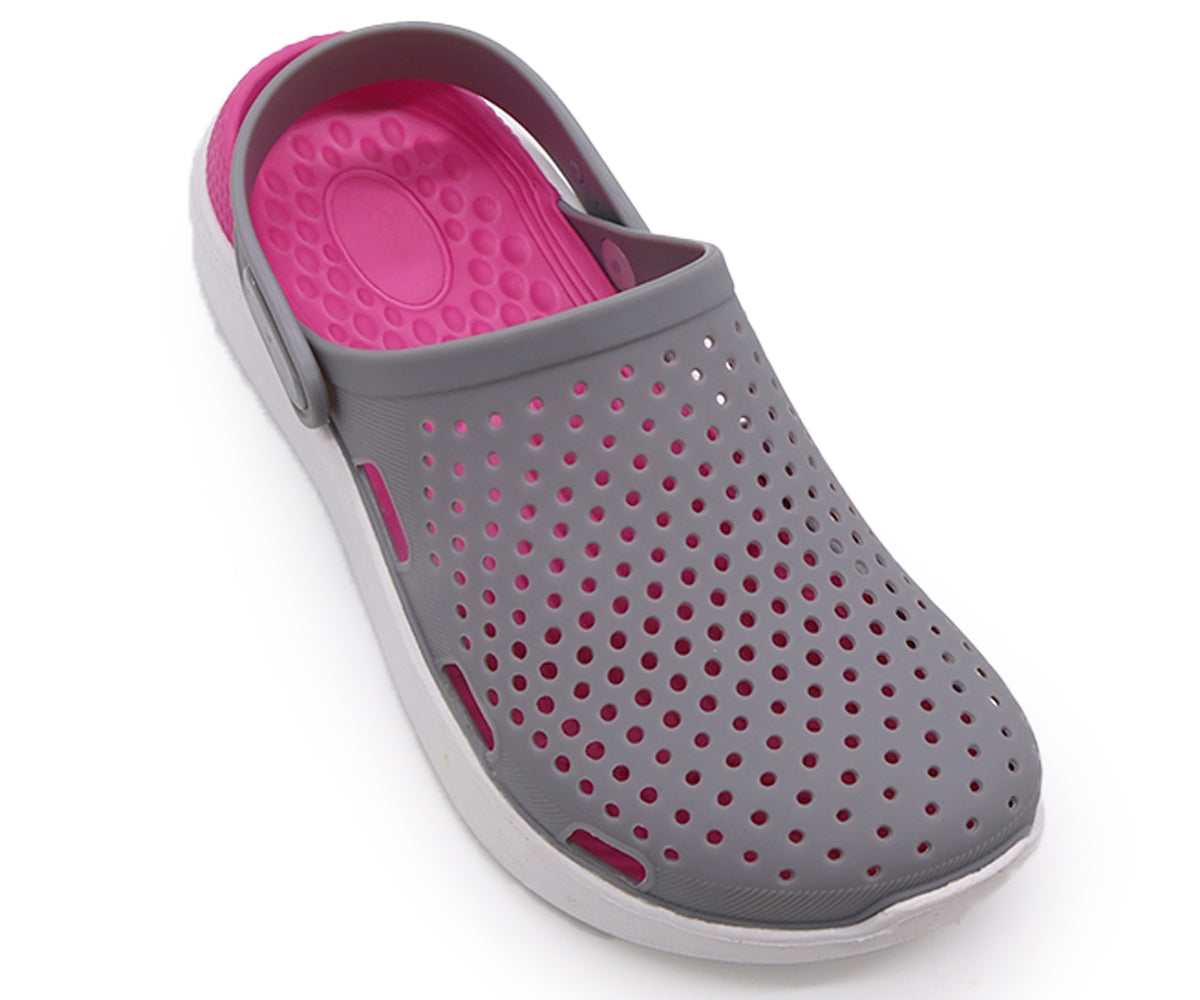 grey & pink foam clogs