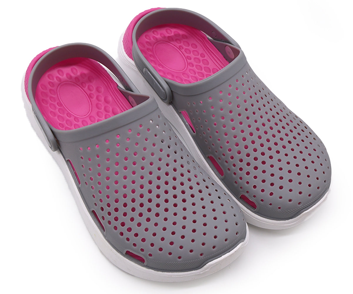 grey & pink foam clogs