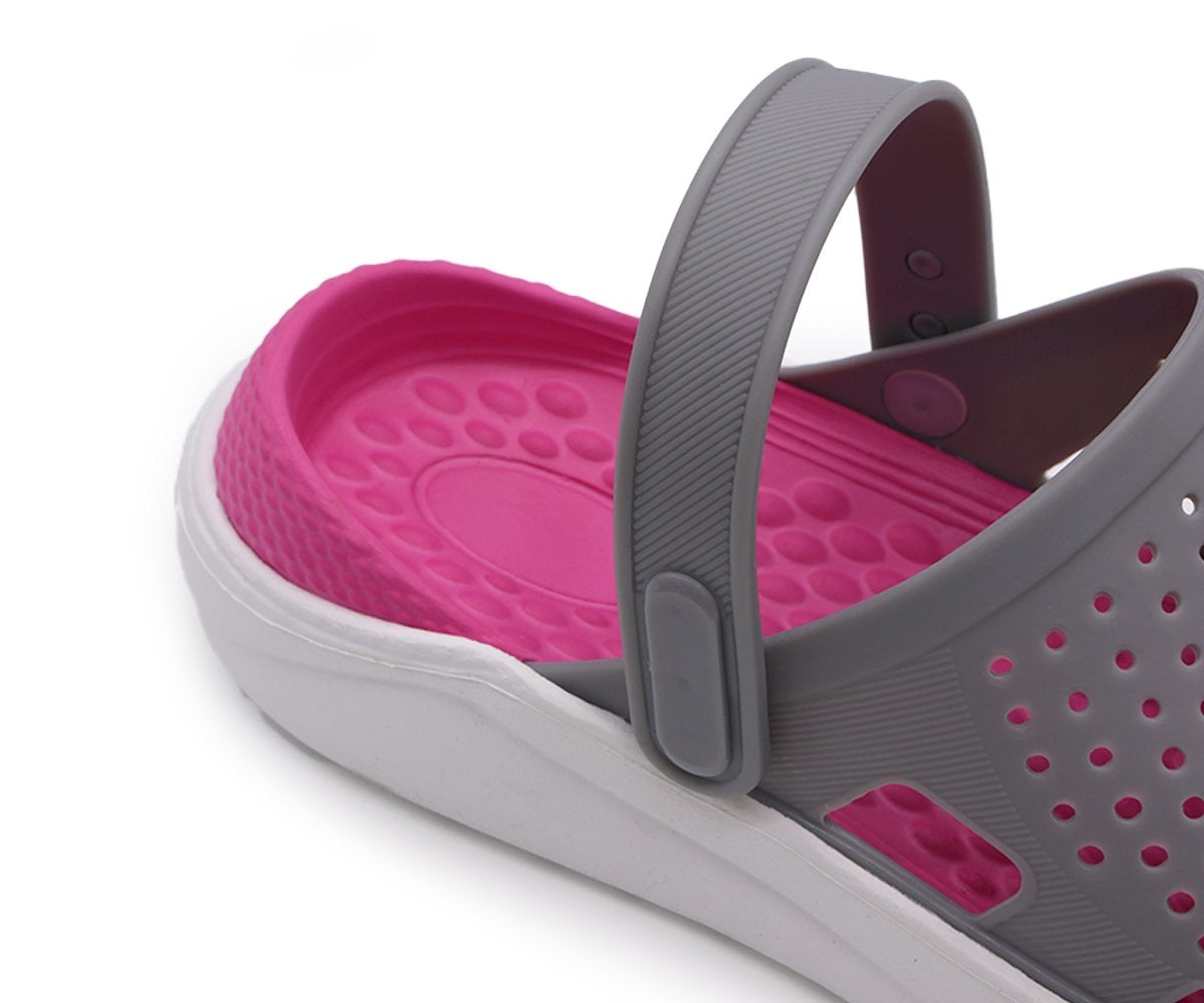grey & pink foam clogs