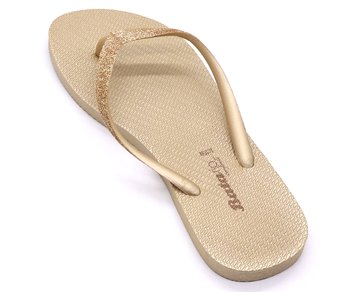 br glittery gold flip flops