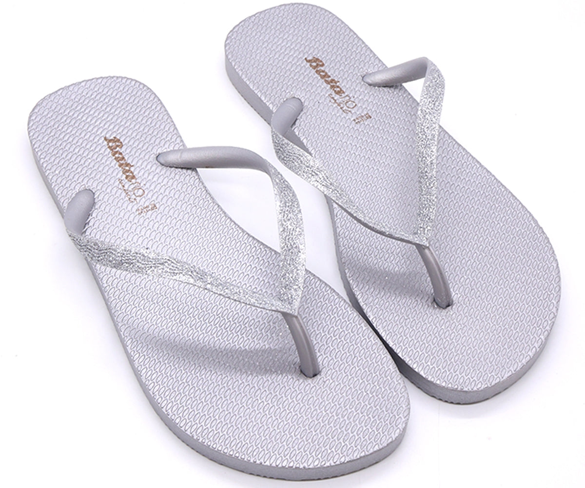 br glittery silver flip flops