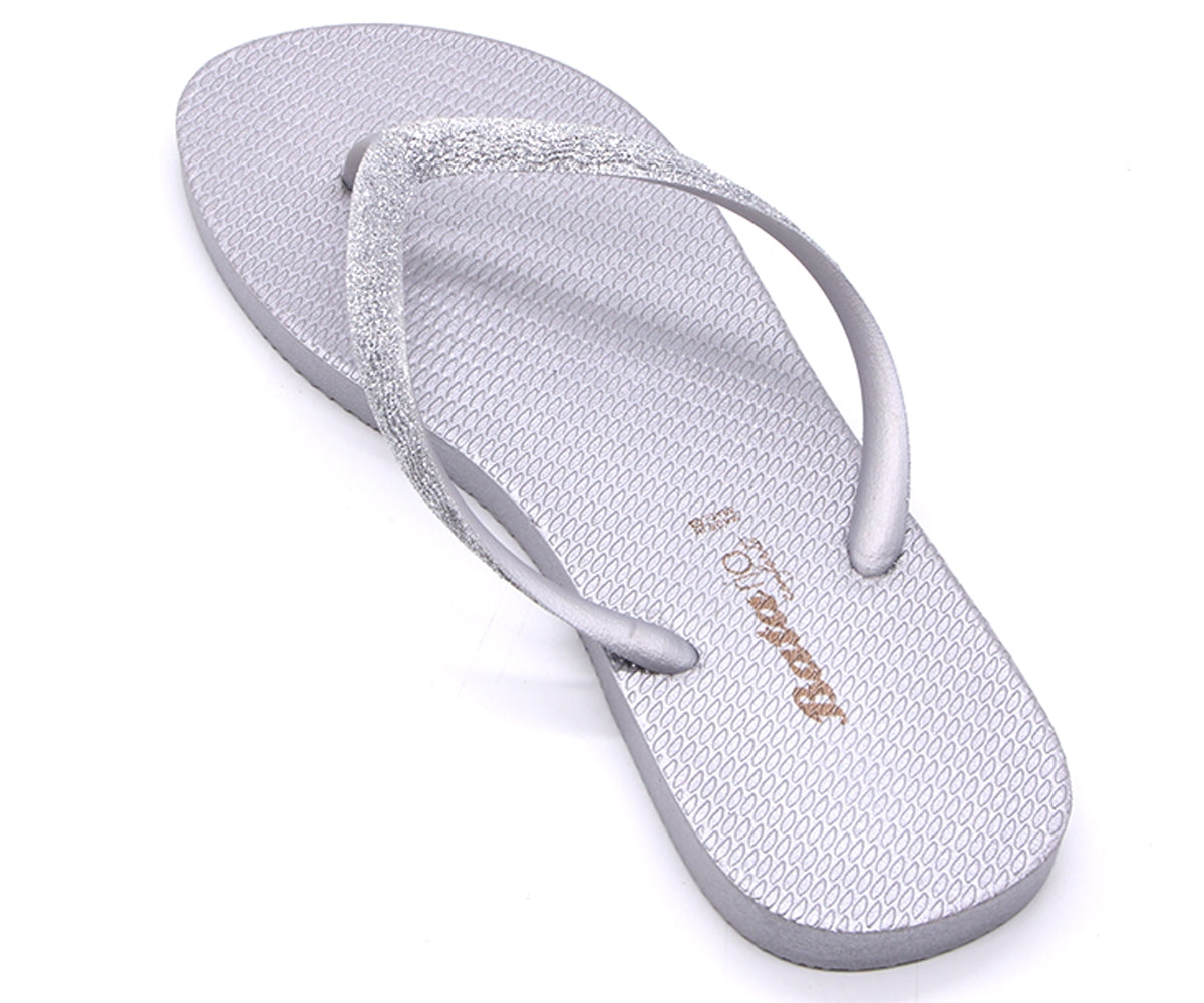 br glittery silver flip flops