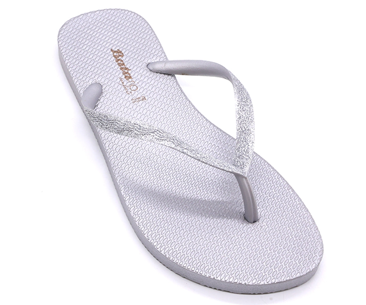 br glittery silver flip flops