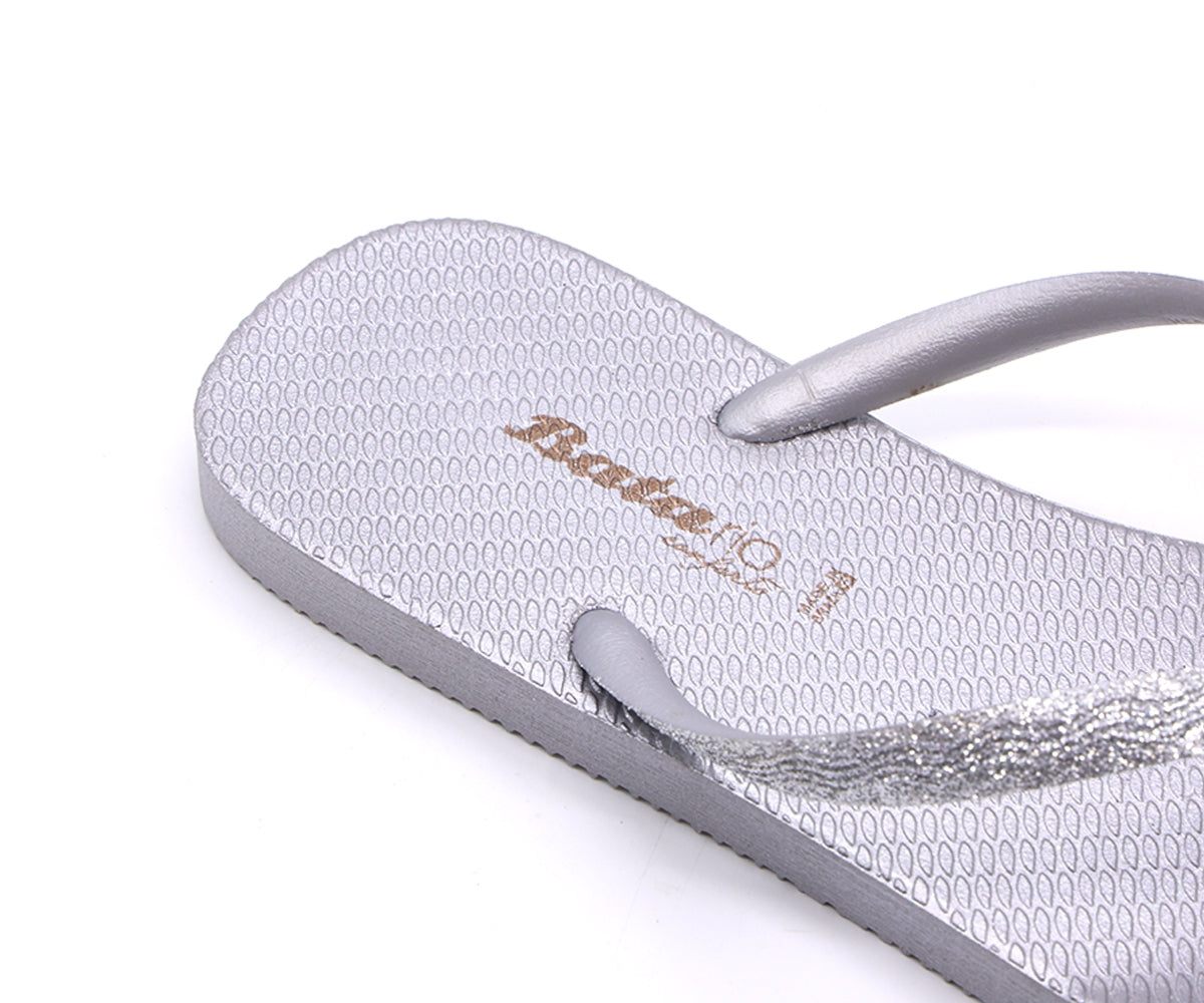 br glittery silver flip flops