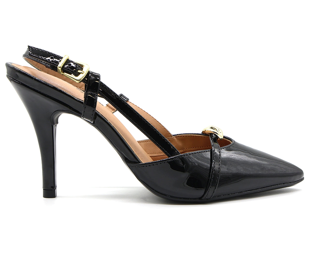 br glossy black buckled slingbacks