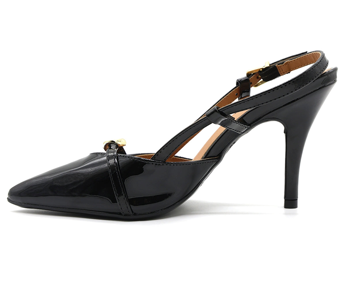 br glossy black buckled slingbacks