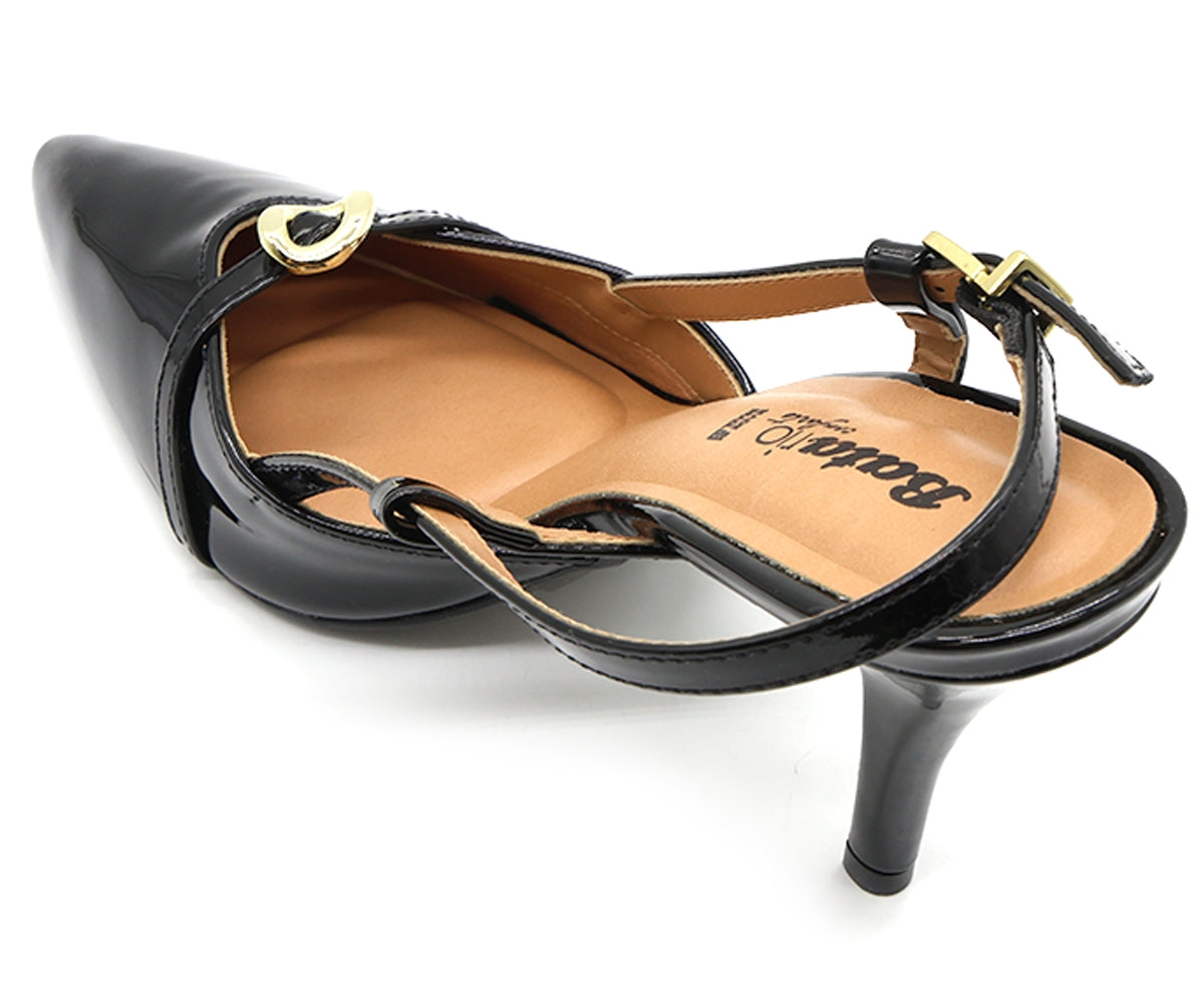 br glossy black buckled slingbacks