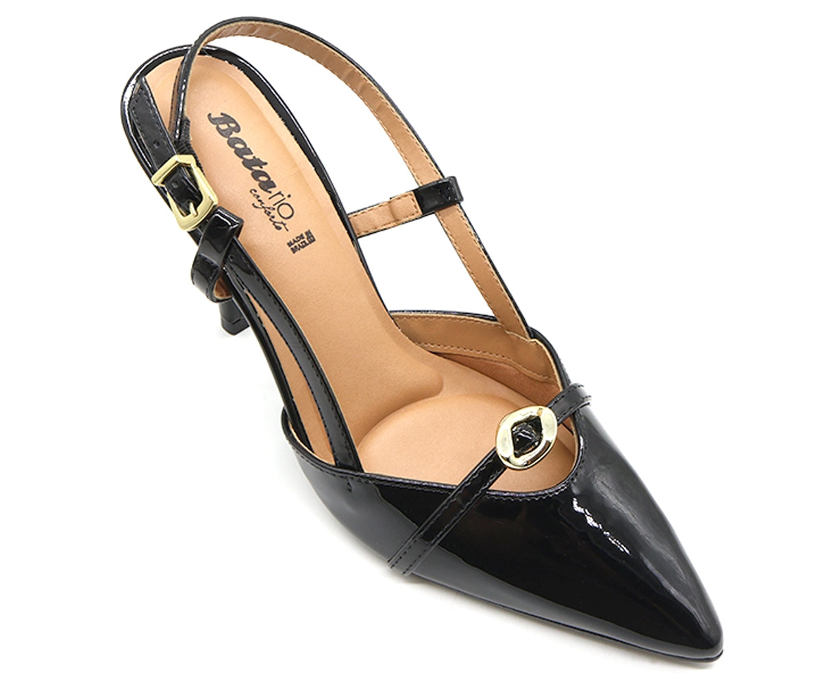 br glossy black buckled slingbacks