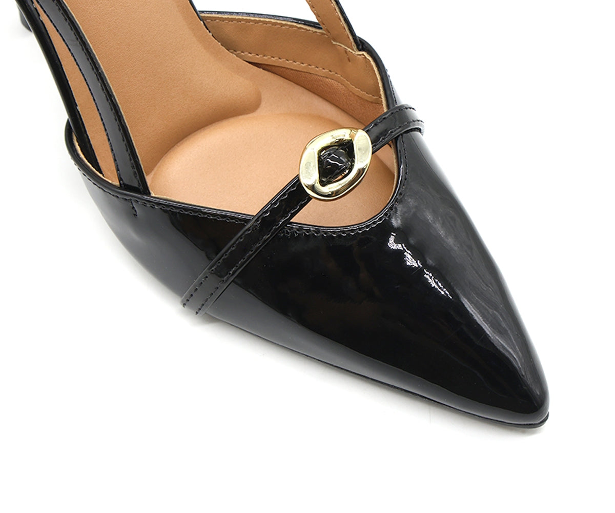 br glossy black buckled slingbacks