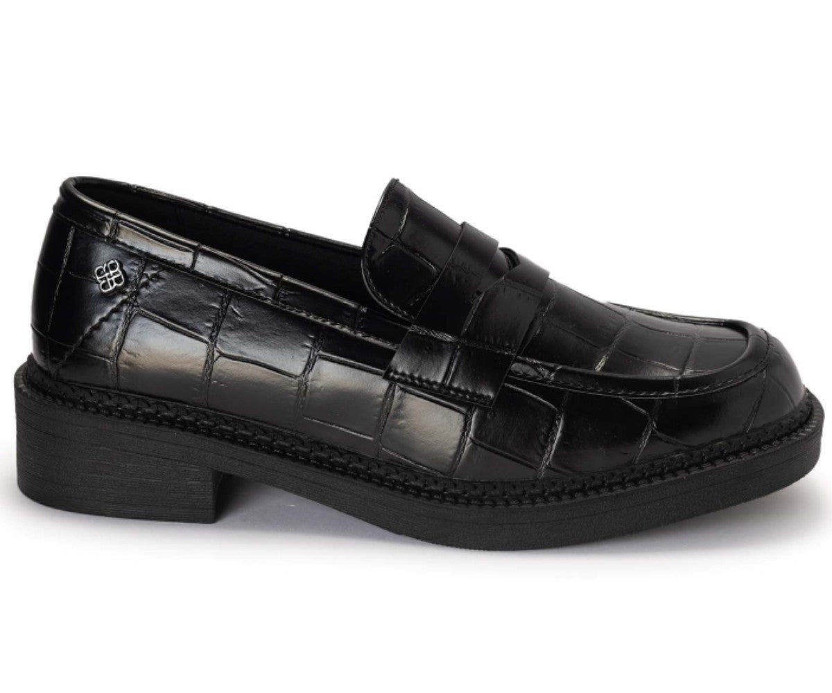 black croc penny loafer