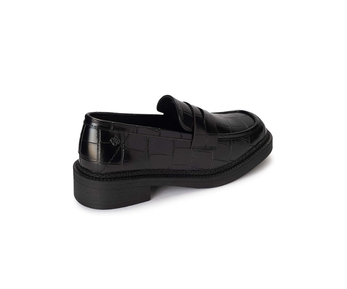 black croc penny loafer