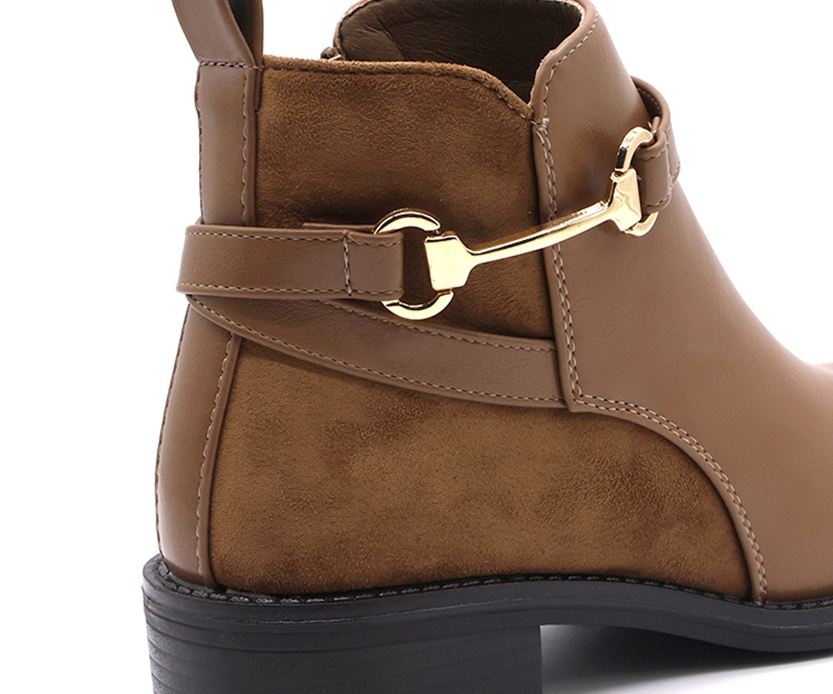 camel horsebit ankle boots