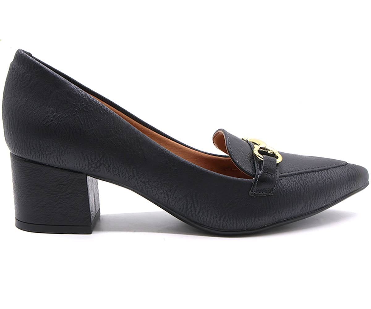 br black block-heel horsebit pumps