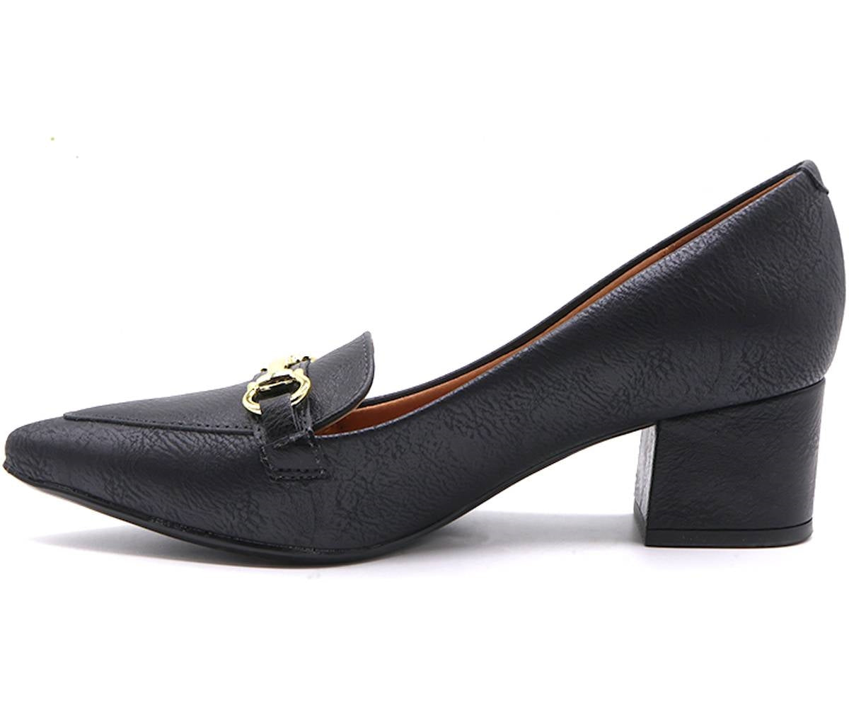 br black block-heel horsebit pumps