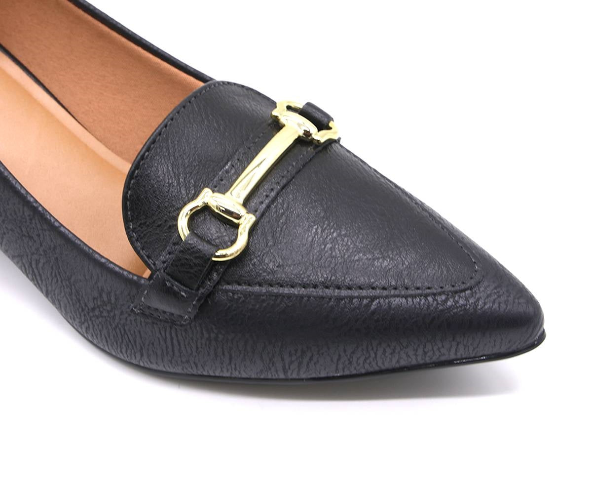 br black block-heel horsebit pumps