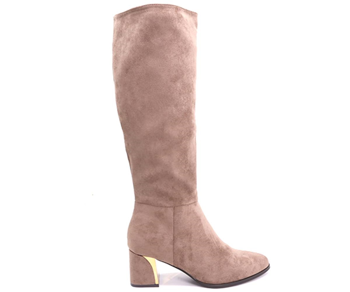 gold-trim beige mid-calf boots