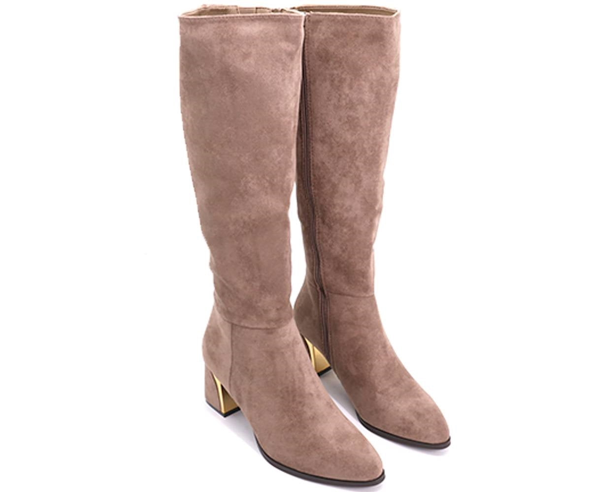 gold-trim beige mid-calf boots