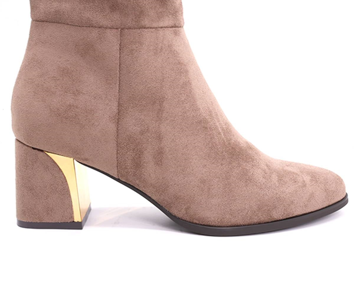 gold-trim beige mid-calf boots