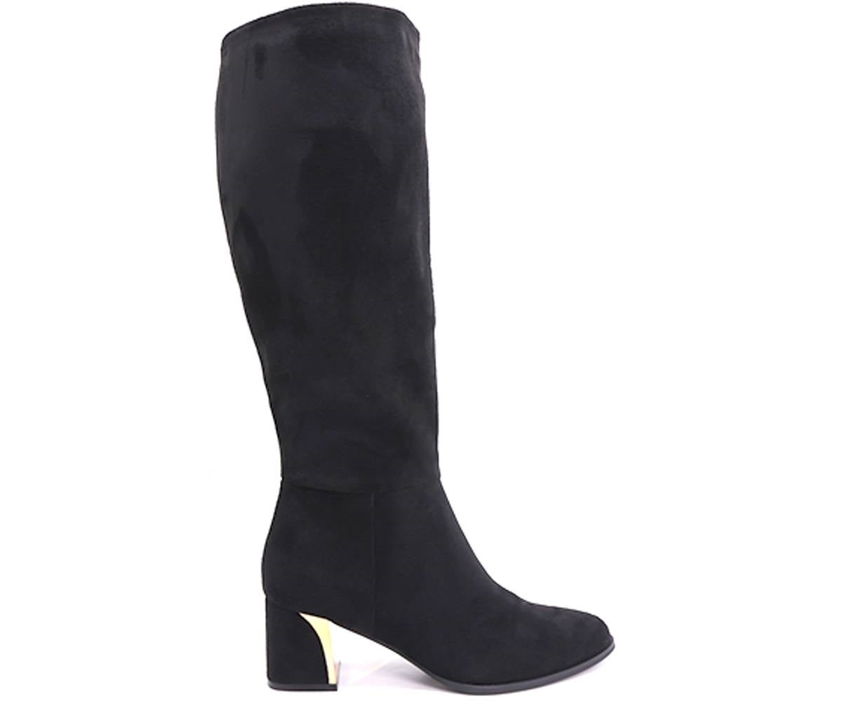 gold-trim black mid-calf boots