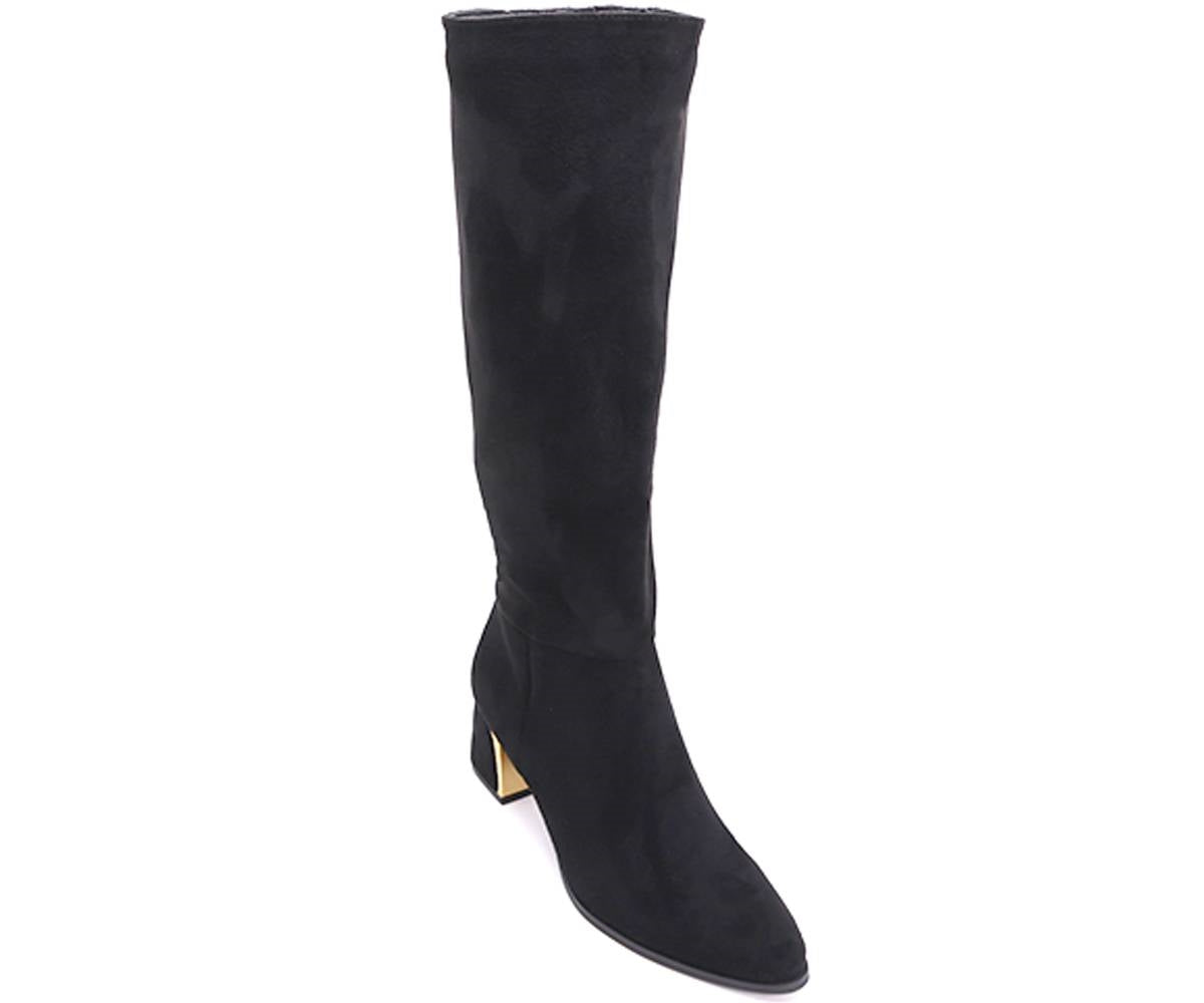 gold-trim black mid-calf boots