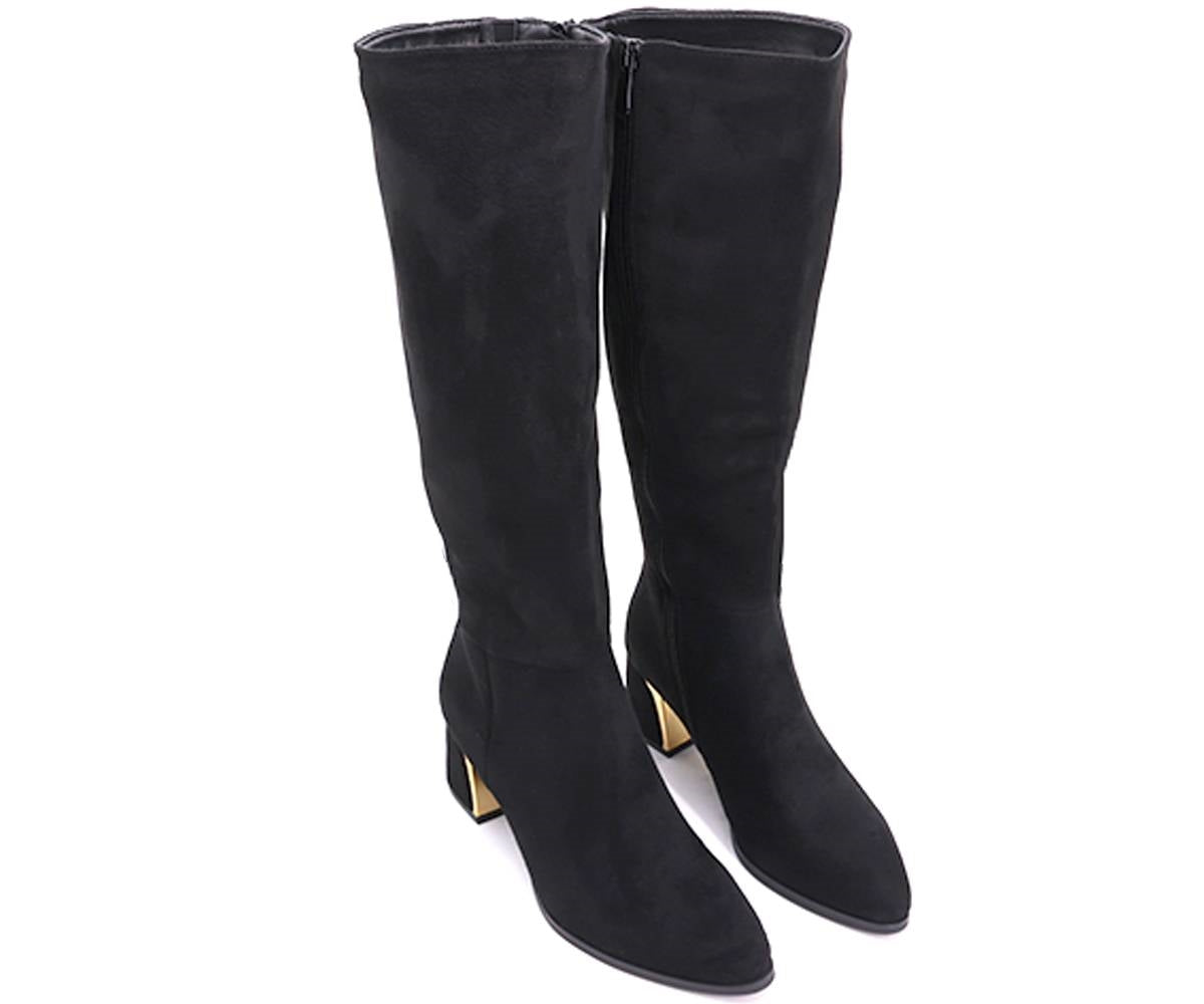 gold-trim black mid-calf boots