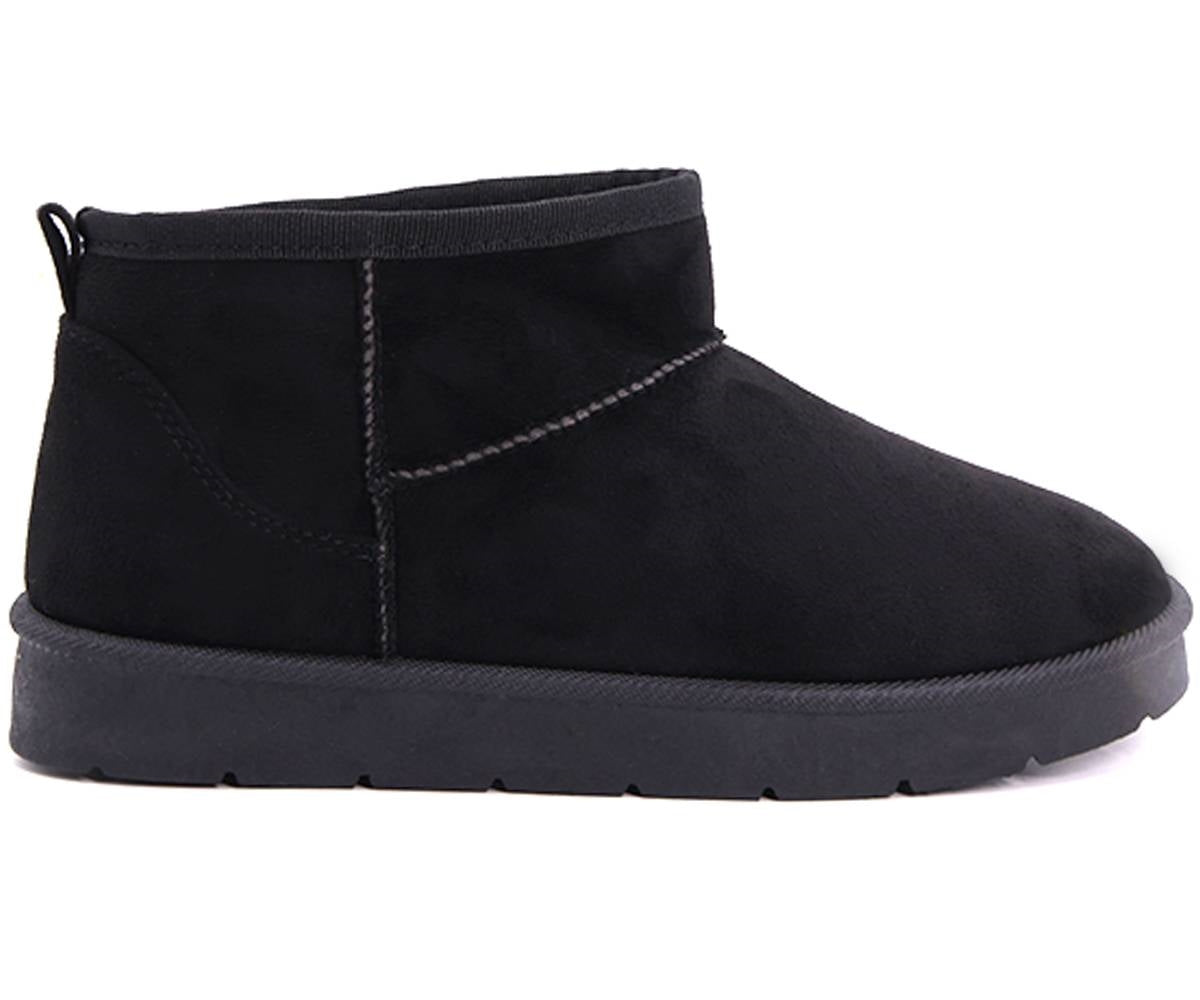 fur-lined black mini boots