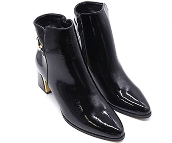 black patent gold-heel booties