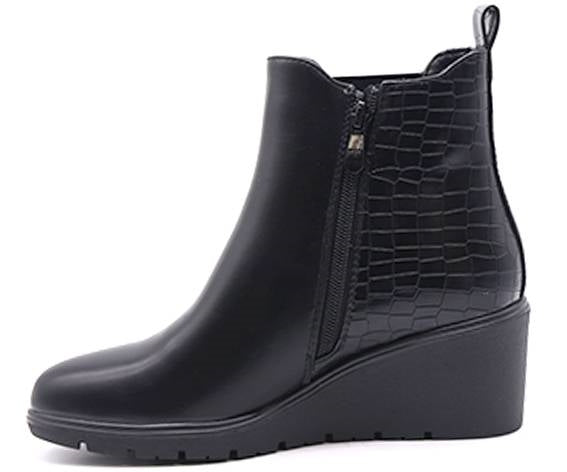 black croc-panelled wedge boots