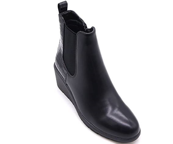 black croc-panelled wedge boots