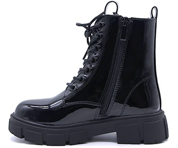girls patent black combat boot
