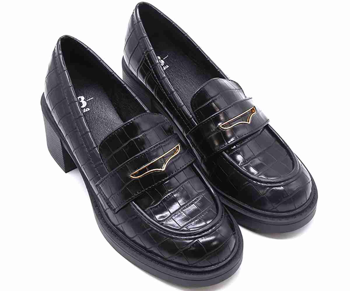 Black Croc Block-Heel Pumps
