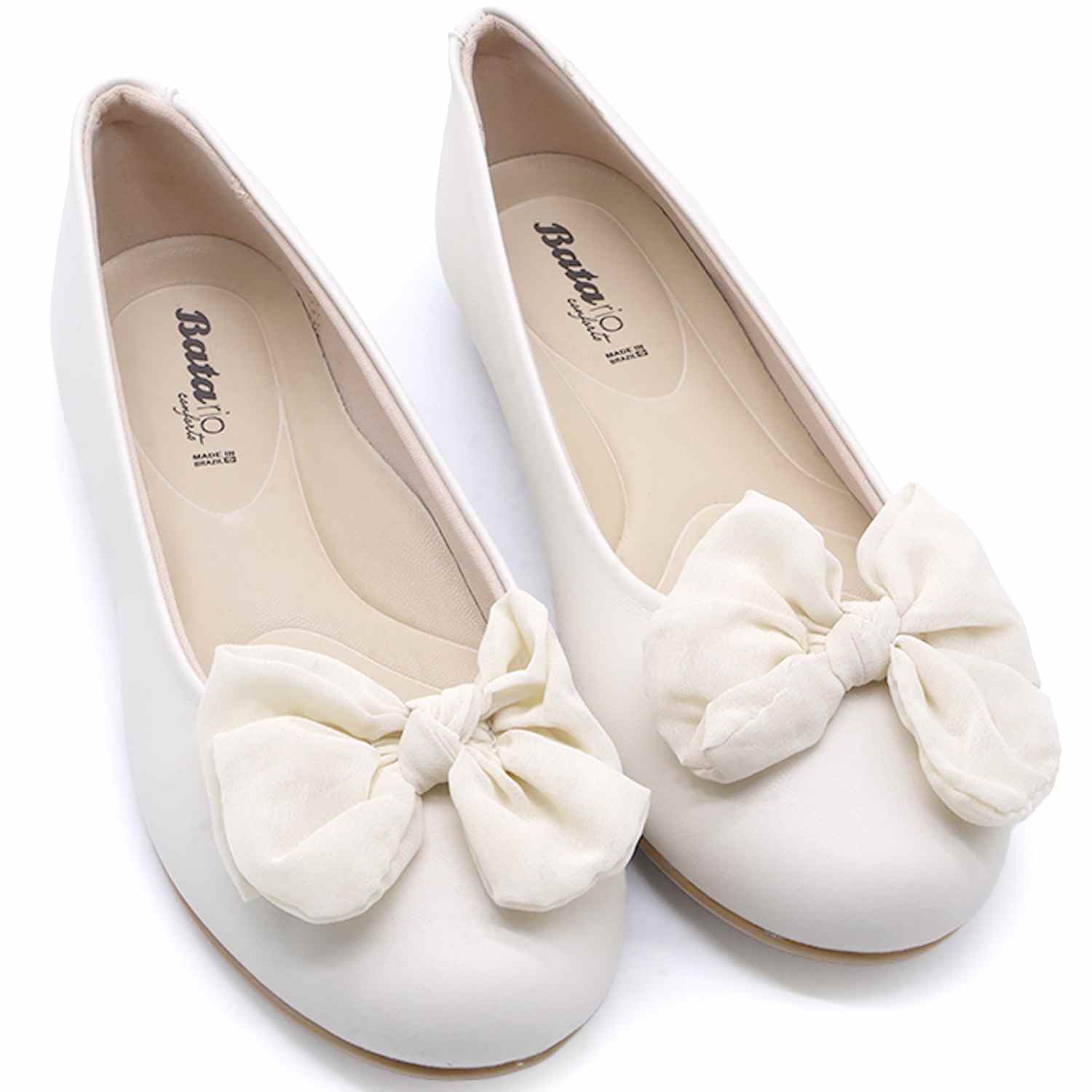 BR White Satin Bowed Ballerinas
