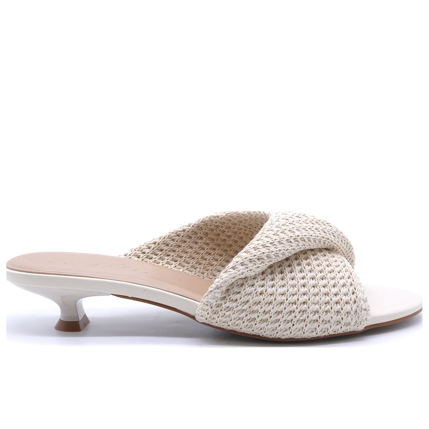 Beige Woven Kitten Heel Mules