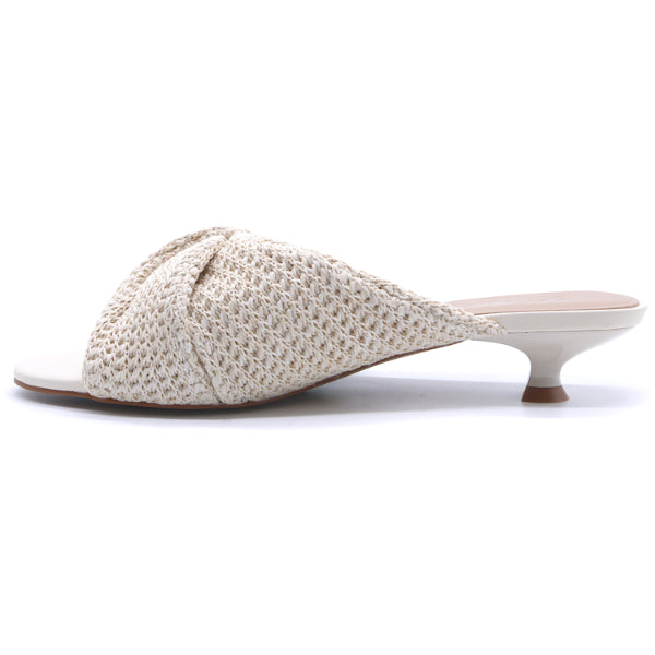 Beige Woven Kitten Heel Mules