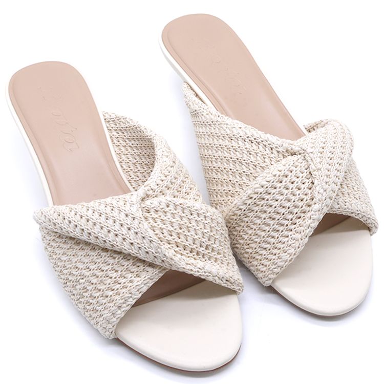 Beige Woven Kitten Heel Mules
