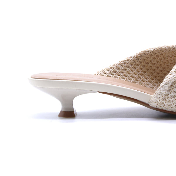 Beige Woven Kitten Heel Mules