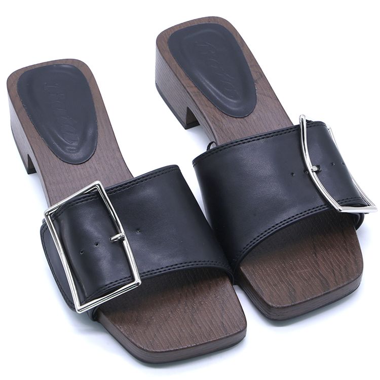 Black Buckled Wood Slides