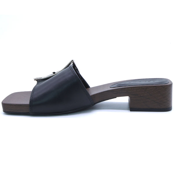 Black Buckled Wood Slides